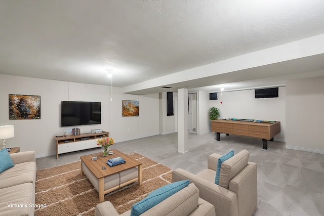 living area featuring billiards and baseboards