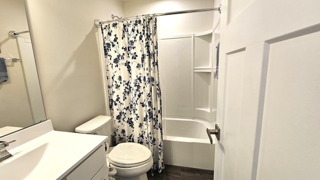 full bath with toilet, shower / bathtub combination with curtain, wood finished floors, and vanity