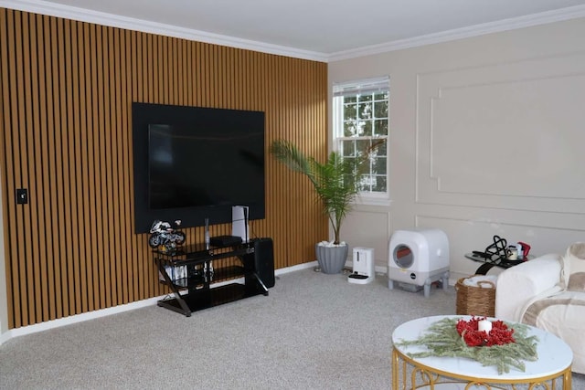 living room featuring carpet floors and ornamental molding