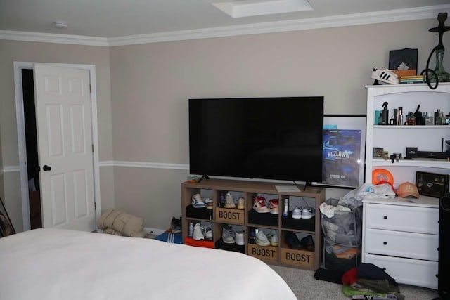 carpeted bedroom featuring crown molding