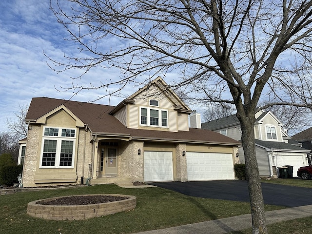 view of front of house with a garage, roof with shingles, aphalt driveway, and brick siding