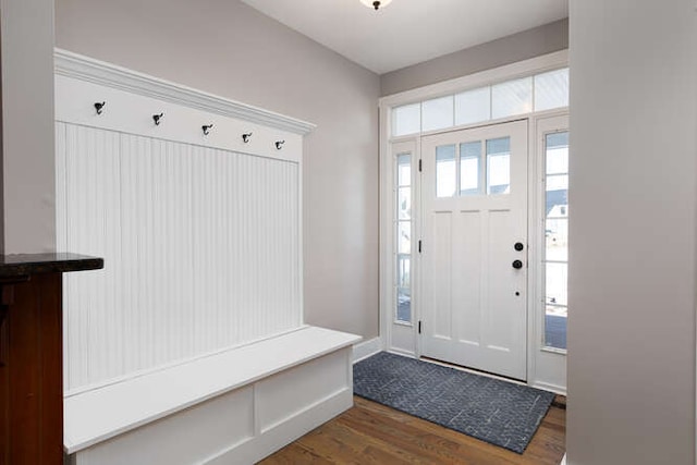 mudroom featuring dark wood finished floors