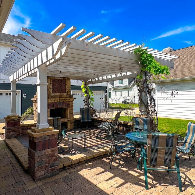 9 Cottage Grn, Ottawa, IL 61350 - view of patio / terrace with fence, a pergola, an outdoor stone fireplace, and outdoor dining area