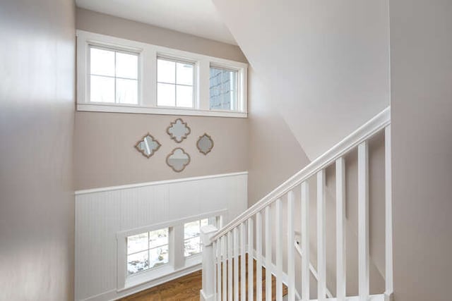 stairs featuring a wainscoted wall and wood finished floors