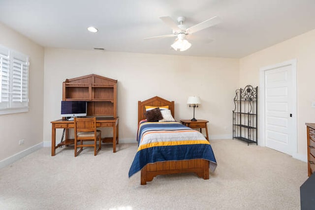 bedroom with recessed lighting, baseboards, ceiling fan, and light colored carpet