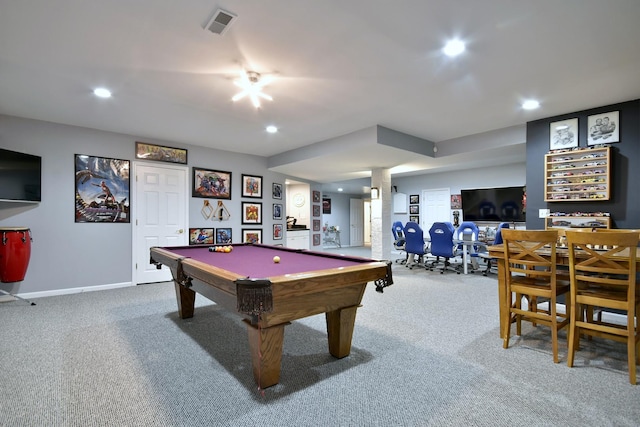 recreation room with recessed lighting, pool table, carpet flooring, visible vents, and baseboards