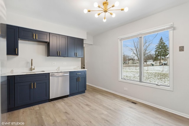 kitchen featuring light wood finished floors, visible vents, light countertops, stainless steel dishwasher, and a sink