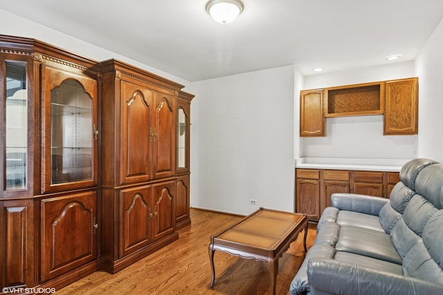 living room featuring recessed lighting and light wood-style floors