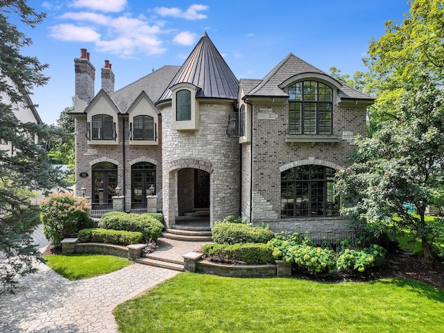 french country home featuring brick siding, a standing seam roof, metal roof, a balcony, and a front lawn