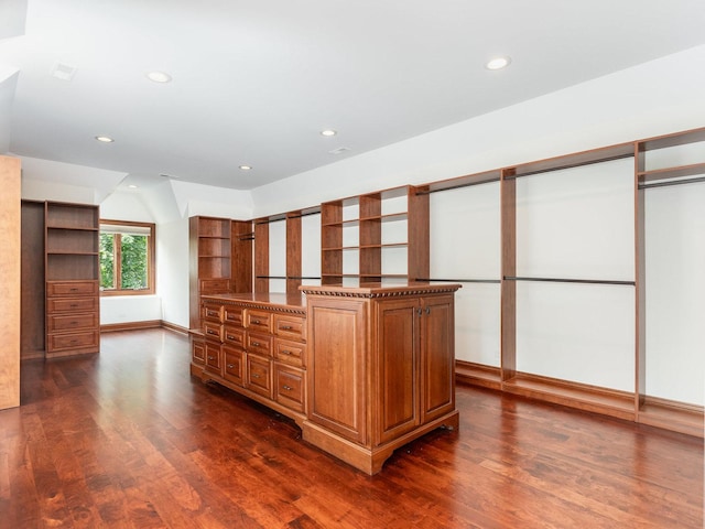 walk in closet with dark wood-type flooring