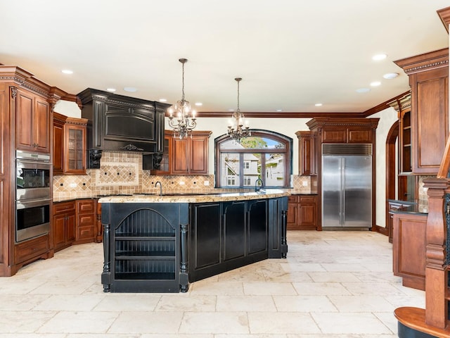 kitchen with open shelves, stainless steel appliances, backsplash, and an island with sink