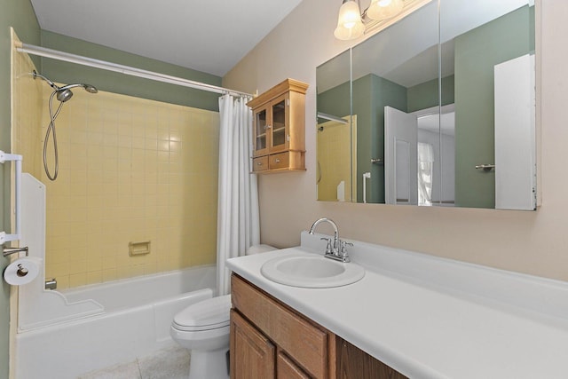 full bath with toilet, shower / tub combo, tile patterned flooring, and vanity