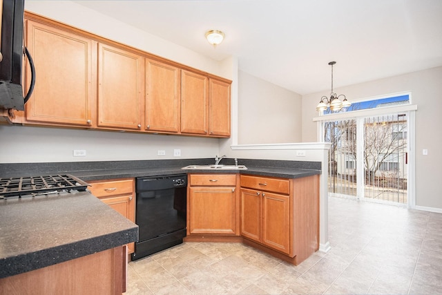 kitchen with dark countertops, hanging light fixtures, black appliances, a chandelier, and a sink