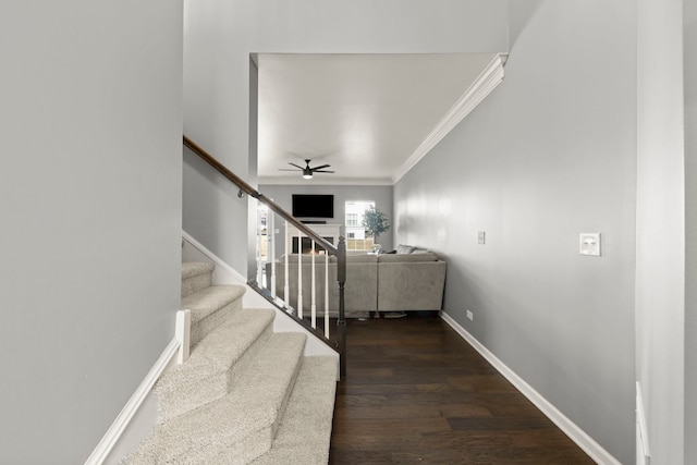 stairs with ceiling fan, crown molding, baseboards, and wood finished floors