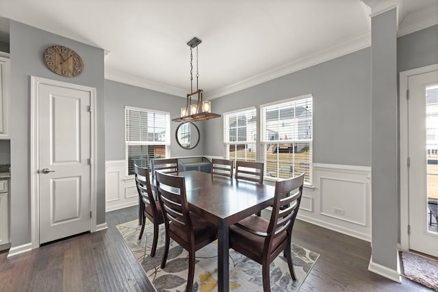 dining area featuring a wainscoted wall, crown molding, a decorative wall, and dark wood-type flooring