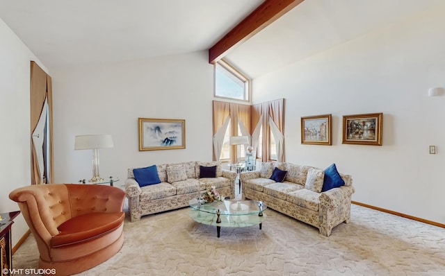 carpeted living area with vaulted ceiling with beams and baseboards