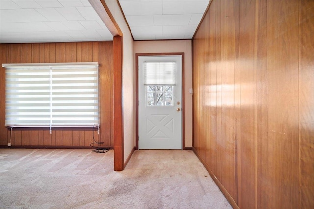 doorway to outside featuring wooden walls, a healthy amount of sunlight, and carpet floors