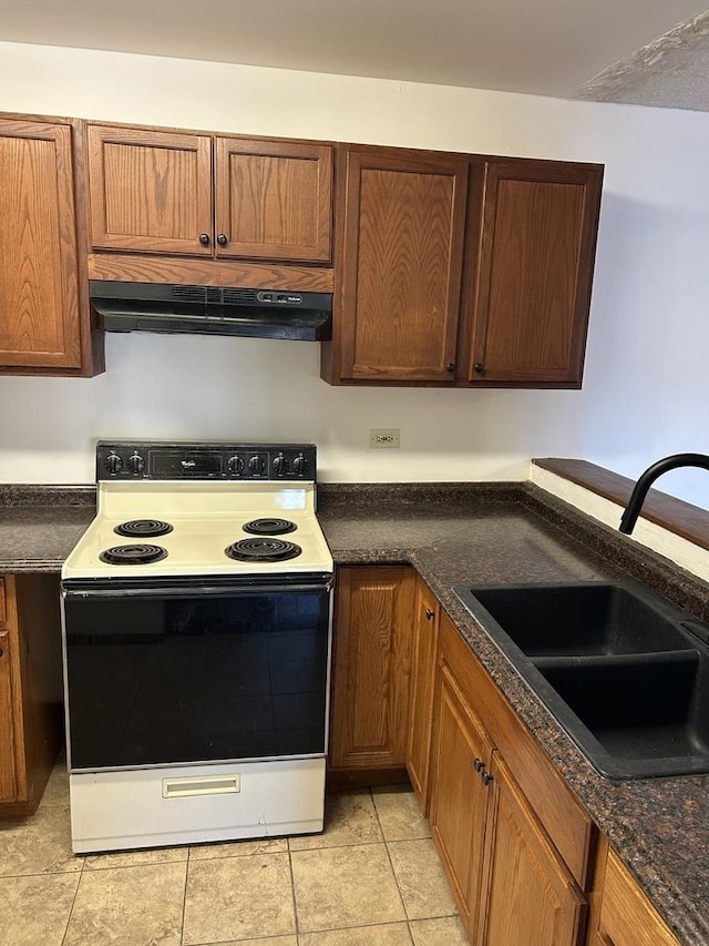 kitchen with brown cabinetry, under cabinet range hood, a sink, and electric range