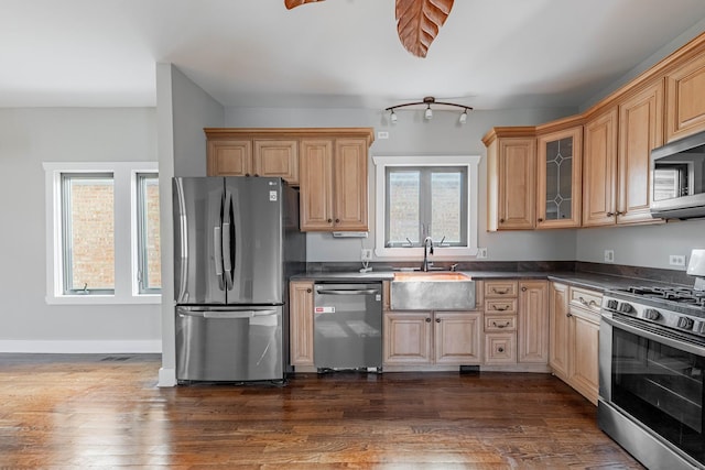 kitchen with appliances with stainless steel finishes, dark countertops, glass insert cabinets, and a sink