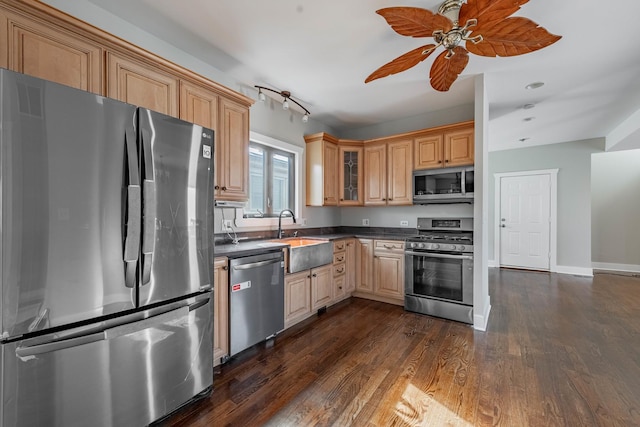 kitchen featuring dark countertops, glass insert cabinets, dark wood-type flooring, stainless steel appliances, and a sink