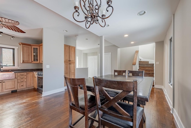 dining space with dark wood finished floors, recessed lighting, stairway, a ceiling fan, and baseboards