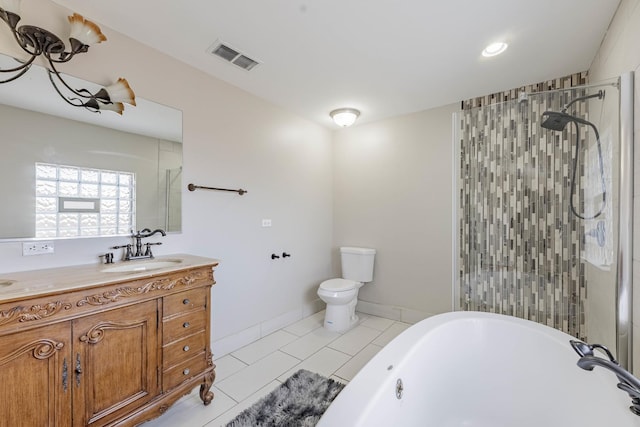 full bath featuring toilet, vanity, visible vents, tiled shower, and tile patterned floors