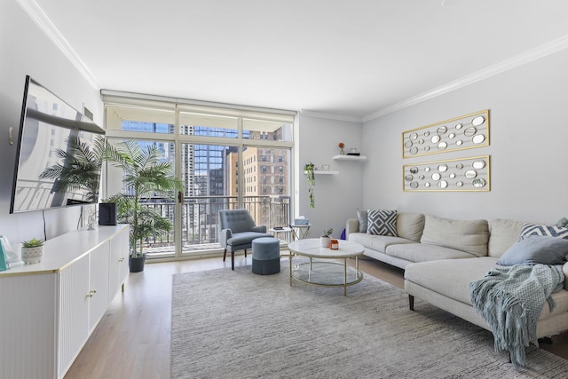 living room featuring floor to ceiling windows, crown molding, and wood finished floors