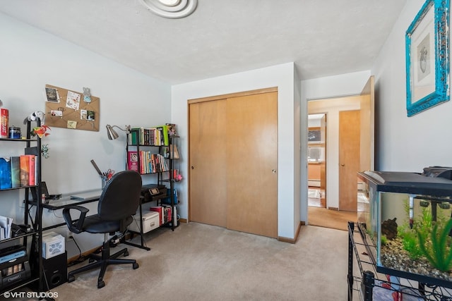 office featuring a wood stove, baseboards, and light colored carpet