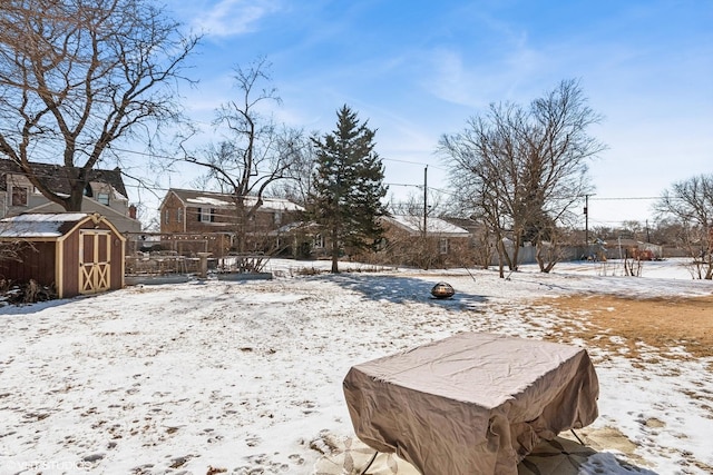 yard covered in snow with a storage shed and an outbuilding