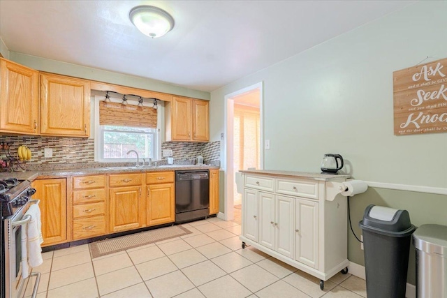 kitchen featuring a sink, light countertops, decorative backsplash, dishwasher, and stainless steel range