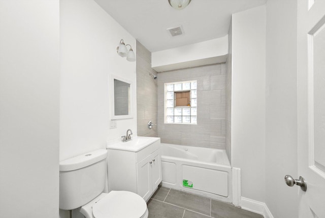 bathroom with visible vents, toilet, tile patterned floors,  shower combination, and vanity