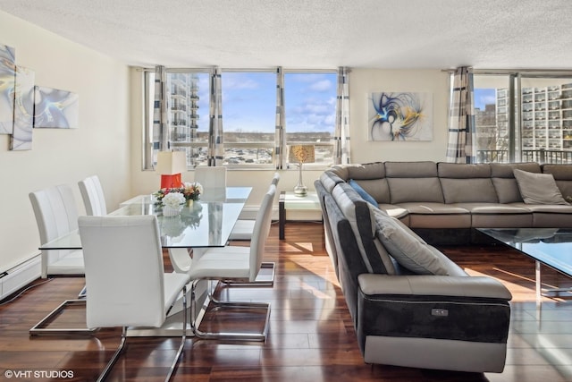 dining room featuring dark wood-style floors, a textured ceiling, a baseboard radiator, and a city view