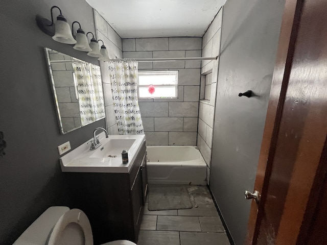 full bath with shower / tub combo, tile patterned flooring, vanity, and toilet