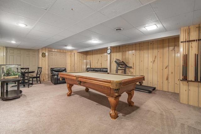 recreation room with wood walls, carpet, billiards, and visible vents