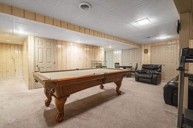 rec room featuring billiards, a drop ceiling, carpet flooring, and visible vents