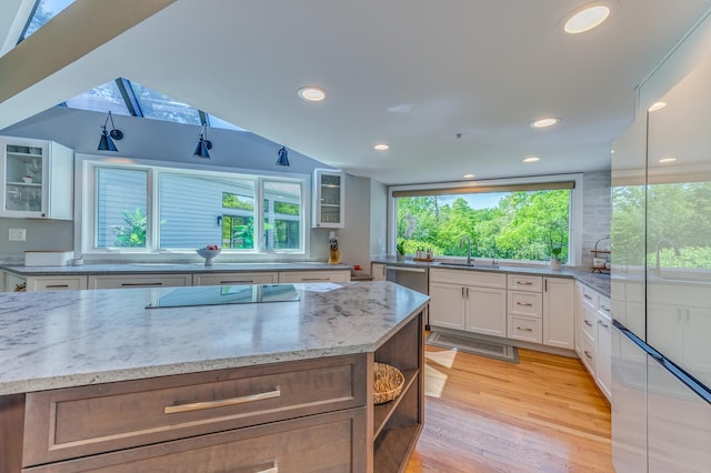 kitchen with a sink, white cabinets, light stone countertops, open shelves, and glass insert cabinets