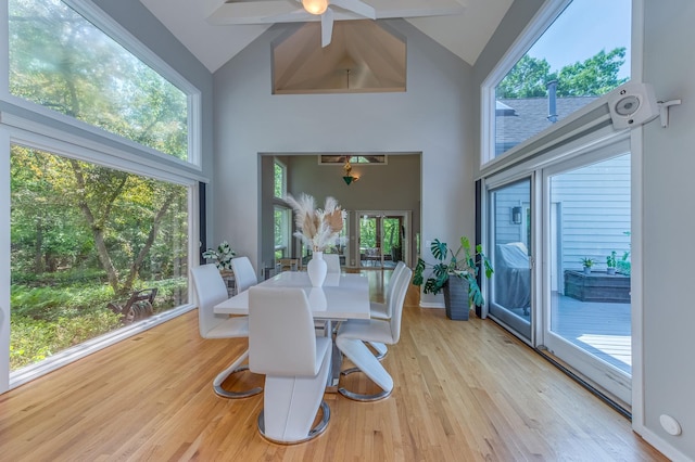 dining room featuring light wood finished floors, baseboards, high vaulted ceiling, and a ceiling fan