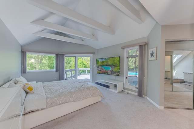 bedroom featuring vaulted ceiling with beams, access to outside, multiple windows, and light colored carpet