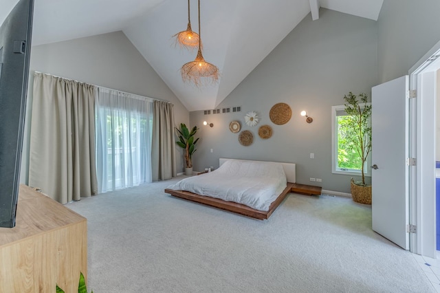 carpeted bedroom with high vaulted ceiling, beam ceiling, and visible vents