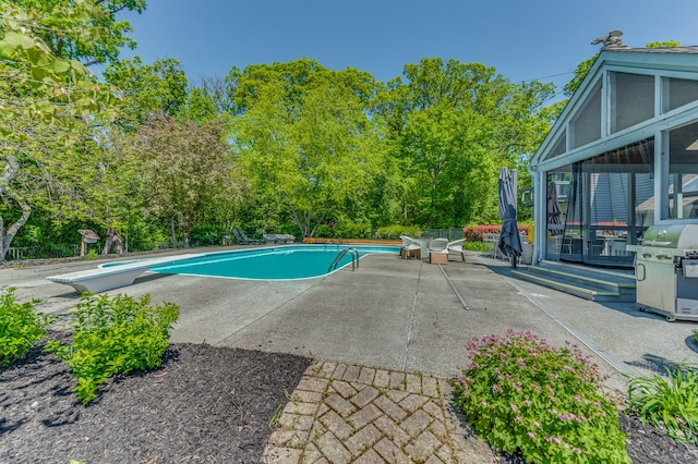 outdoor pool with a patio area, grilling area, and a sunroom