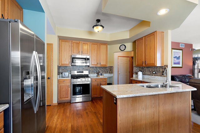 kitchen featuring light stone counters, dark wood finished floors, appliances with stainless steel finishes, a sink, and a peninsula