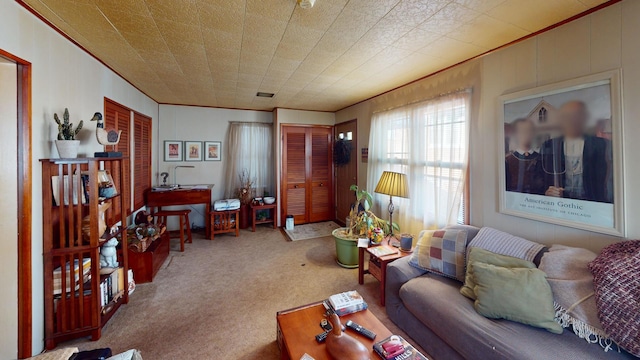 living room featuring carpet floors and visible vents