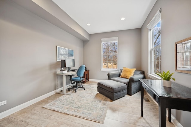 tiled office space featuring recessed lighting and baseboards