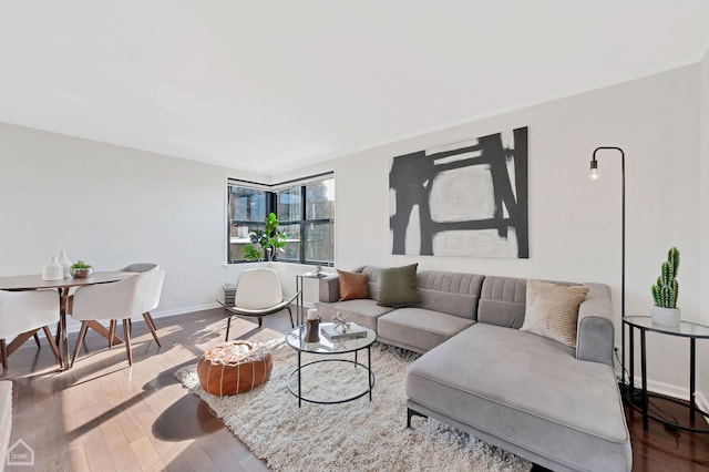 living room with baseboards and wood finished floors