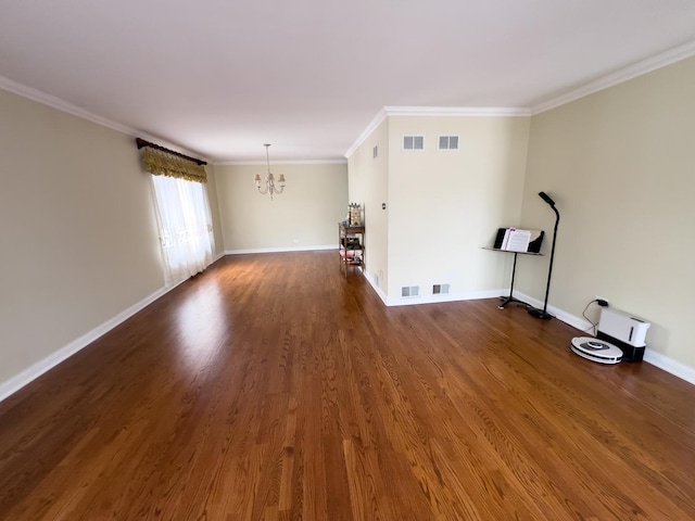 unfurnished living room with dark wood finished floors, visible vents, and a notable chandelier