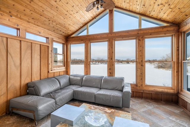 sunroom / solarium featuring lofted ceiling, a water view, and wooden ceiling