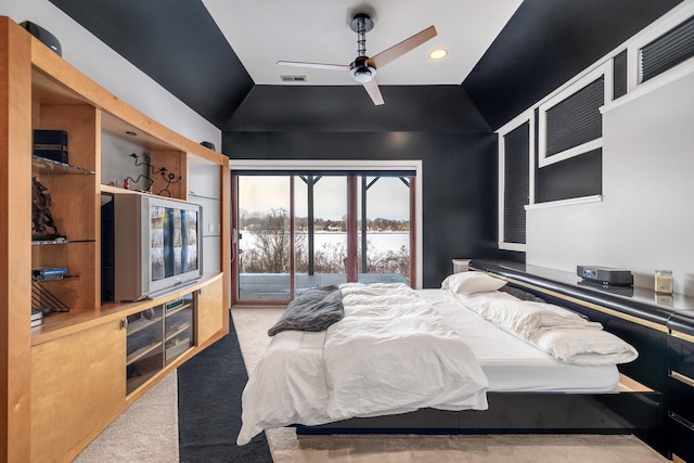 bedroom with access to exterior, recessed lighting, visible vents, light carpet, and vaulted ceiling