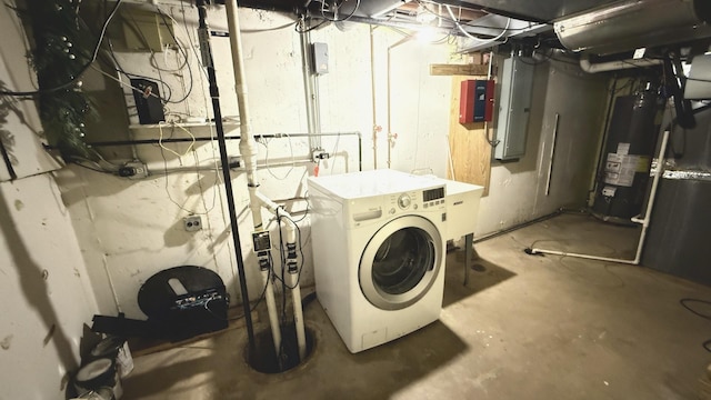 laundry area with laundry area, washer / clothes dryer, electric water heater, and electric panel