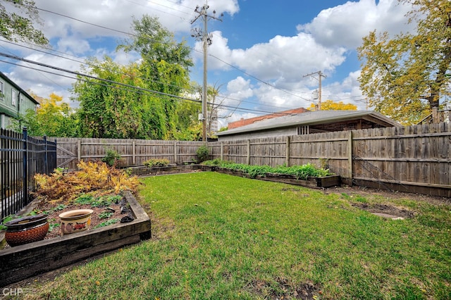 view of yard with a fenced backyard and a vegetable garden