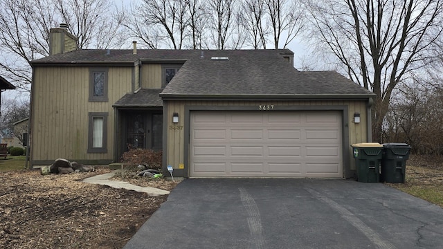 view of front of house with a garage, aphalt driveway, a chimney, and a shingled roof